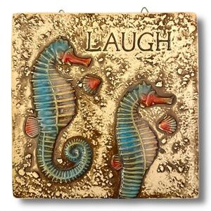 Large 8” Rustic Wall Tile “LAUGH” With Seahorses & Seashells 3D Nautical Decor